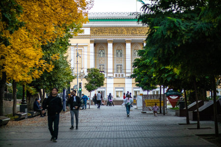 View of the Abay State Opera and Ballet Theater from the pedestrian Panfilov street in autumn. Almaty, Kazakhstan - October 04, 2024のeditorial素材