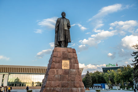 Close up of the bronze statue of great Kazakh poet Abay Kunanbayev on a stone pedestal. Almaty,...