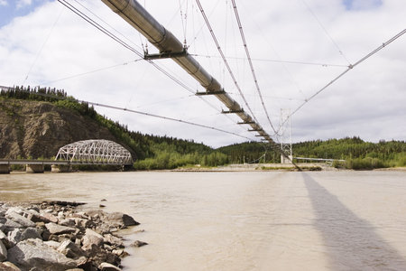 Transalaska oil pipeline and Richardson Hwy Bridges over Tanana river near Delta Junction, AKの素材 [FY310432531]