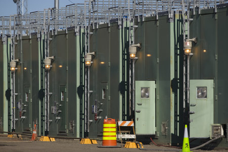 Row of wellhead housings, North Slope Alaskaの写真素材