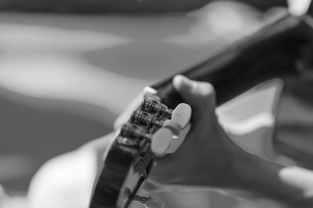 Guitarist. Hand playing acoustic guitar. Black and white photos