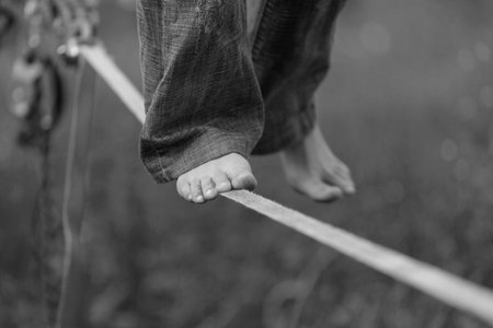 Slackline in the park. Black and white photos