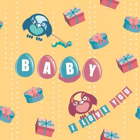 Seamless pattern with bird and eggs and BABY textのイラスト素材