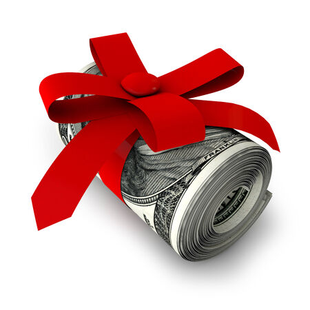 roll of banknotes tied with red ribbonの写真素材
