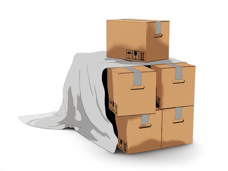 cardboard boxes covered with a cloth on a white backgroundの写真素材