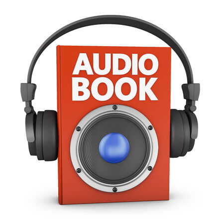red audiobook with speakers and headphones on a white backgroundの写真素材
