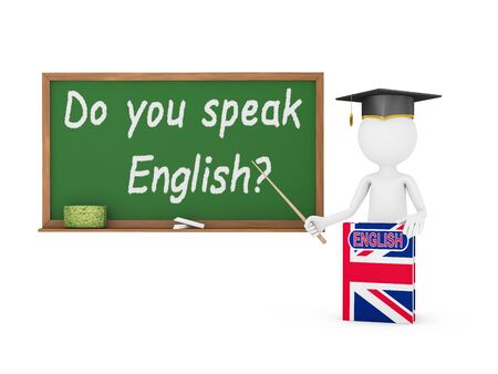 Man, English book with a flag and a chalk board on which is written -  Do you speak English?の写真素材