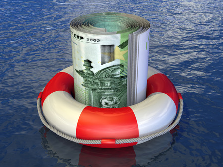 lifebuoy with twisted euro on the water 3d renderingの写真素材