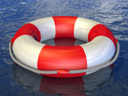 lifebuoy with a rope in the water 3d rendering