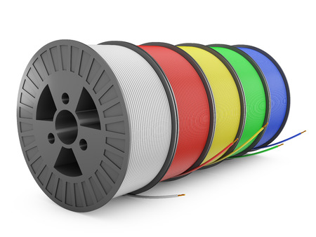 Five plastic reel with colored wires, 3d renderの写真素材