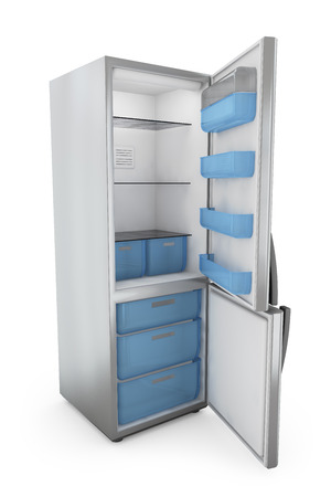 modern refrigerator with open doors on a white backgroundの写真素材