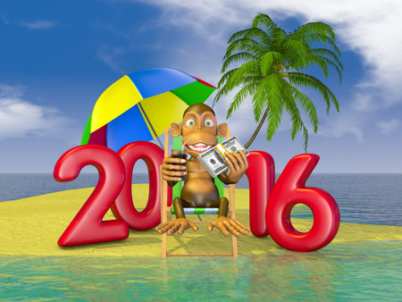a monkey sitting in a deck chair and volumetric figures 2016 on the island