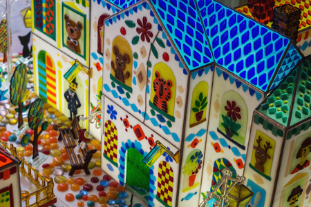 miniature town of multicolored candies and caramelの写真素材