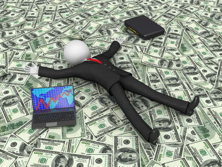 the cartoon businessman lying on the dollarの写真素材