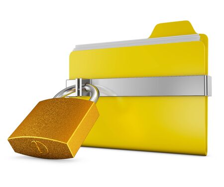 Yellow folder and a metal lock on a white backgroundの写真素材