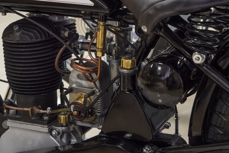 Close-up of an old a motorcycle engine.