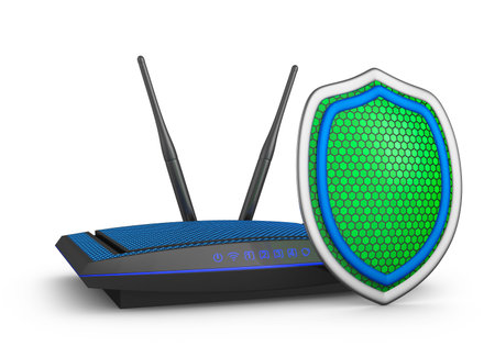 Green shield and a router. 3d rendering.