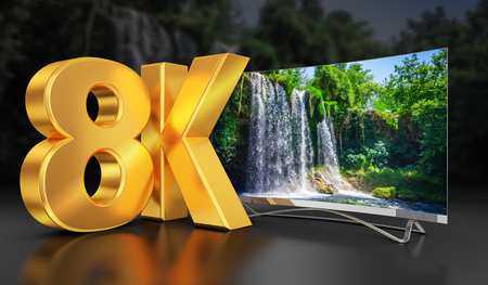 Ultra HD TV with a view of the beautiful waterfall, 3D-rendering.の写真素材
