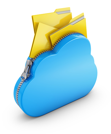 Cloud with a zipper and folders with files. 3D rendering.の写真素材