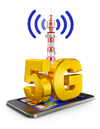 5G on the smartphone and a communications tower. 3d rendering.の写真素材