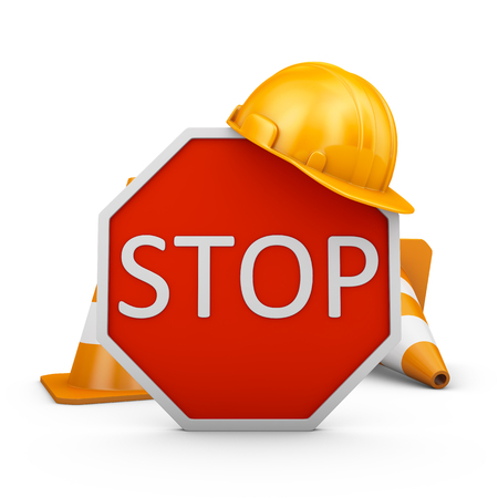 Traffic sign, cones and helmet. 3d rendering.の写真素材