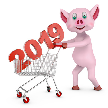 The pig carries in the cart the voluminous text 2019. 3d render.の写真素材