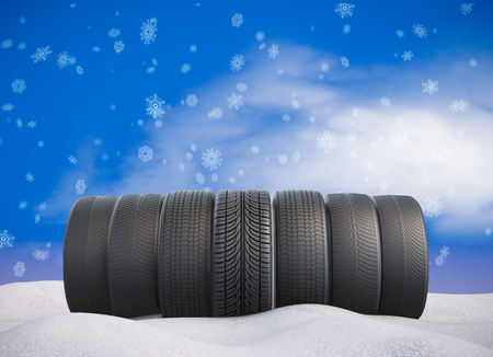 Car tires in the snow against the sky. 3d renderの写真素材