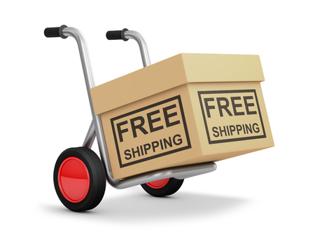Cardboard box with the words "free shipping" on a trolley with wheels. 3d renderの写真素材