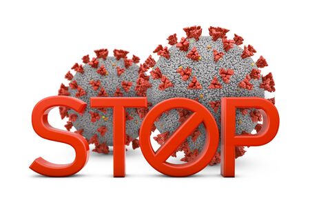 Volumetric text STOP and coronovirus cell. 3d renderの写真素材