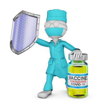 Doctor with a shield next to the coronavirus vaccine. 3d renderの写真素材