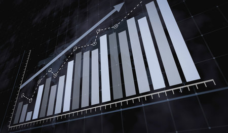 Rising blue bar graph following the arrow on a background of a dotted world map. 3d render.の写真素材