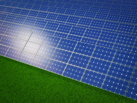 Solar panels on green grass. 3d render.