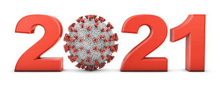 Volumetric figures 2021 and coronavirus covid-19 on a white background. 3d render.の写真素材