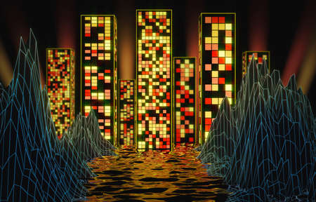Neon glow of skyscrapers with reflection in water between rocks with blue mesh. 3D rendering.の写真素材