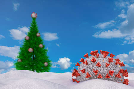 Coronavirus and Christmas tree in the snow against the background of the sky. 3D rendering.の写真素材