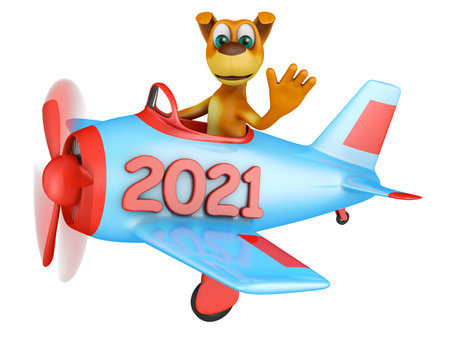 Dog in an airplane with an inscription 2021 on a white background. 3D rendering.の写真素材