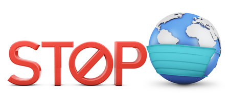 Globe in a protective mask and the volumetric text STOP 3D rendering.の写真素材