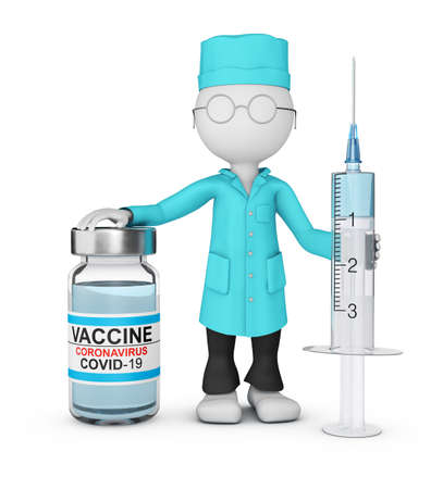 A doctor in a lab coat with a syringe stands next to a bottle of coronavirus vaccine. 3d render.の写真素材