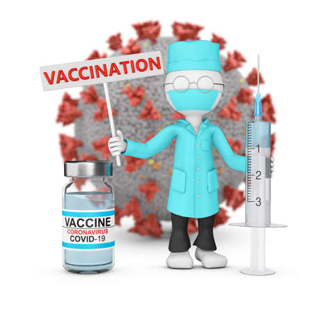 A doctor in a lab coat with a syringe stands next to a bottle of vaccine against the backdrop of a coronavirus. 3d render.の写真素材