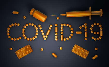 Top view of the inscription Covid 19 laid out from tablets and capsules of gold color. 3d render.の写真素材