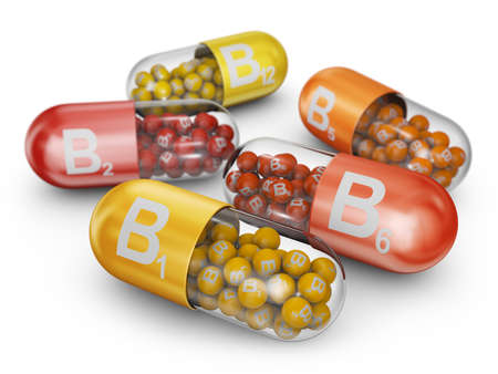 Close up capsules filled with B vitamins. 3D render.の写真素材