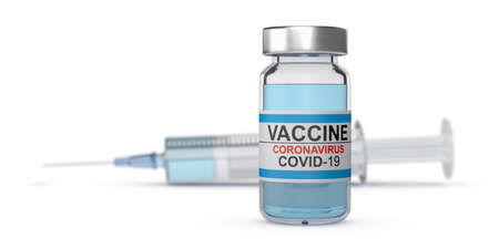 Coronavirus vaccine vial and syringe in the background. 3D renderingの写真素材