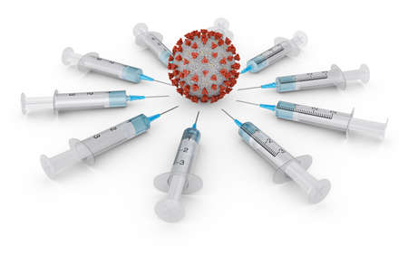 The coronavirus surrounded by syringes. 3D renderingの写真素材