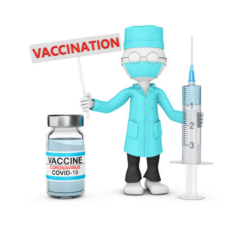 A doctor in a lab coat with a syringe stands next to a bottle of vaccine. 3d render.の写真素材