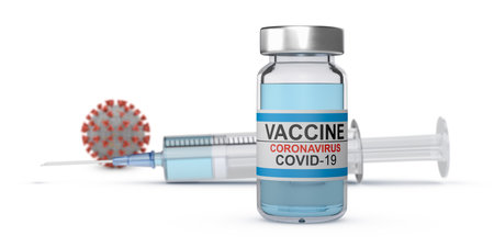 Coronavirus vaccine vial with syringe and coronavirus in the background. 3D renderingの写真素材