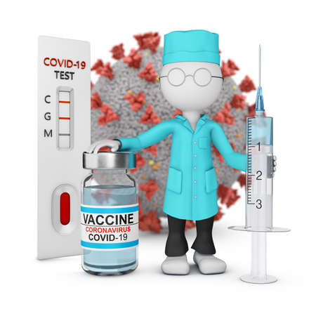 A doctor in a lab coat with a syringe and a vaccine stands next to an express test against the backdrop of a coronavirus molecule. 3D rendering.の写真素材