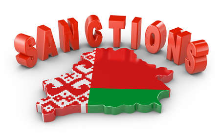 Volumetric map of Belarus with the flag and volumetric inscription of the sanctions. 3d renderの写真素材