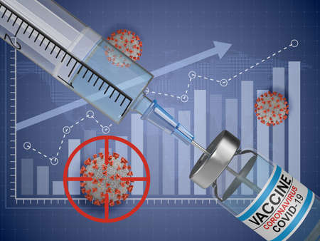 Syringe, vaccine and coronaviruses on the background of the graphic. 3d render.の写真素材