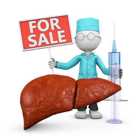 doctor with a syringe and a sign "for sale" next to the liver. 3d render.の写真素材