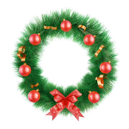 Christmas wreath with ribbons and balls on a white background. 3d render.の写真素材